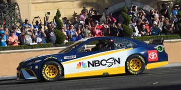 LAS VEGAS, NV - SEPTEMBER 12: The NBCSN Toyota stock car during the Monster Energy NASCAR Cup Series South Point 400 Burnout event on September 12, 2019, on Las Vegas Boulevard in Las Vegas, NV. (Photo by Chris Williams/Icon Sportswire)